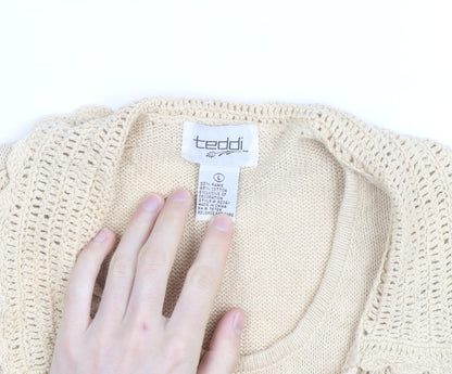 Teddi Women’s Beige Crochet Collared Short Sleeve Cardigan L