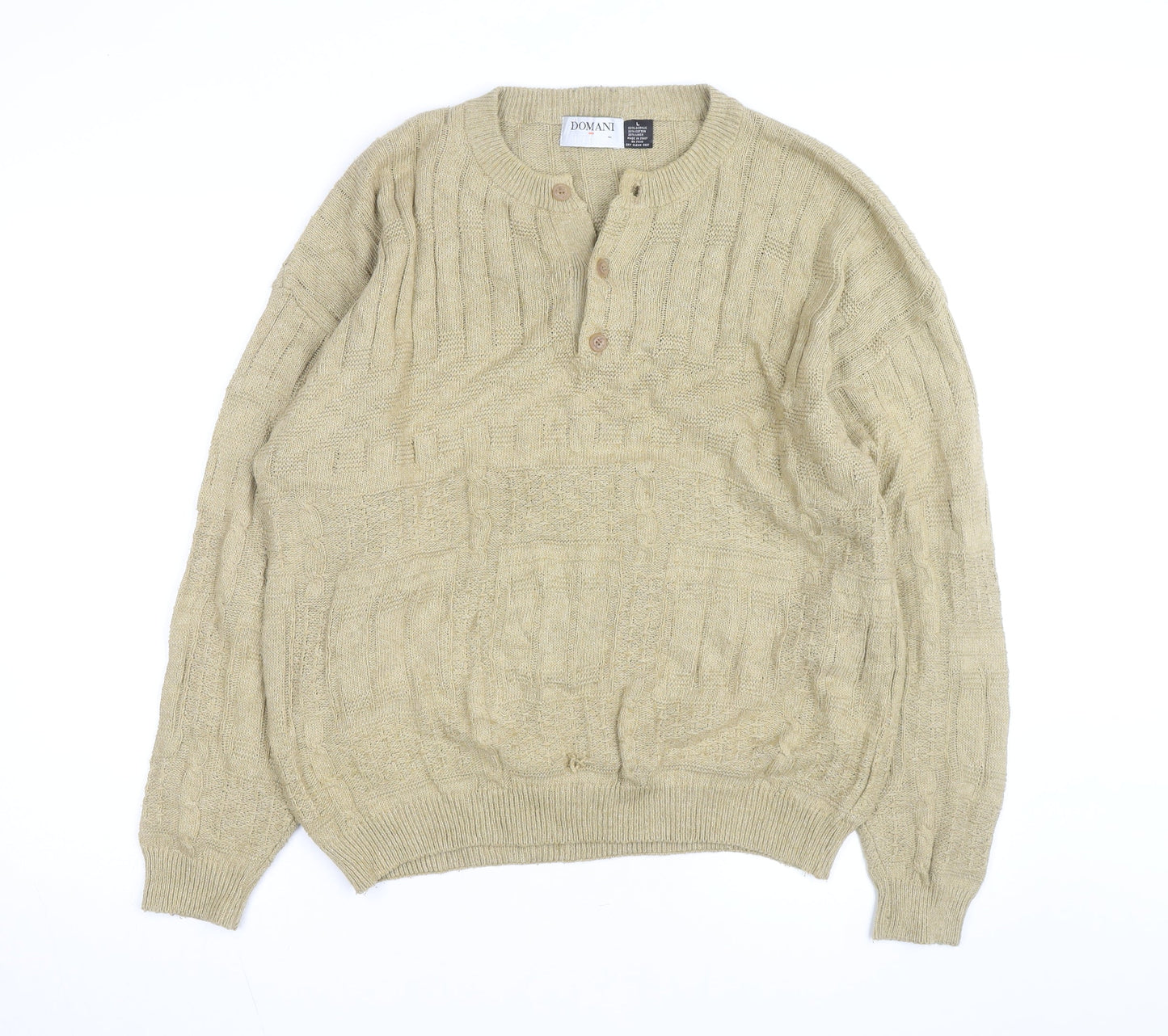 Domani Men Beige Henley Knit Jumper L Cable-Knit Acrylic Cotton Linen