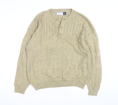 Domani Men Beige Henley Knit Jumper L Cable-Knit Acrylic Cotton Linen