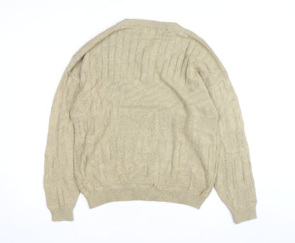 Domani Men Beige Henley Knit Jumper L Cable-Knit Acrylic Cotton Linen