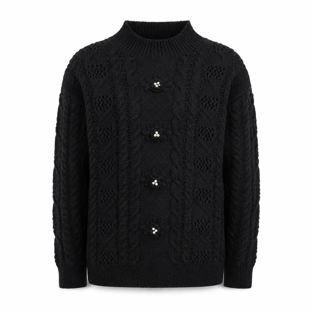 CLTO Handcrafted Men's Black Wool Cotton Cable Knit Cardigan M