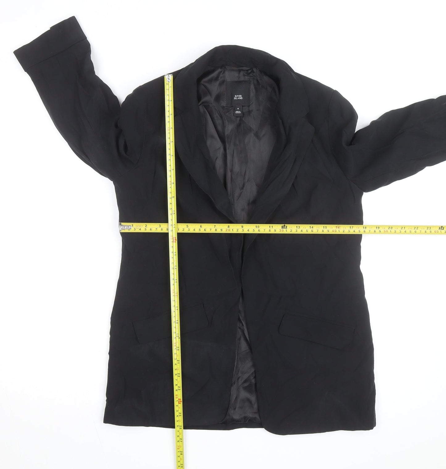River Island Women’s Black Long Overcoat Size 8 Classic Style
