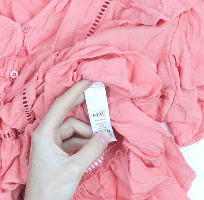 Marks and Spencer Women's Pink Ruffle Cotton Tunic Blouse Size 18
