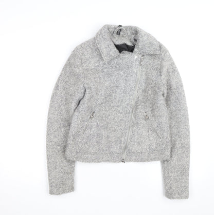 H&M Divided Women’s Grey Wool Biker Jacket Size 10 Lined Zip Style