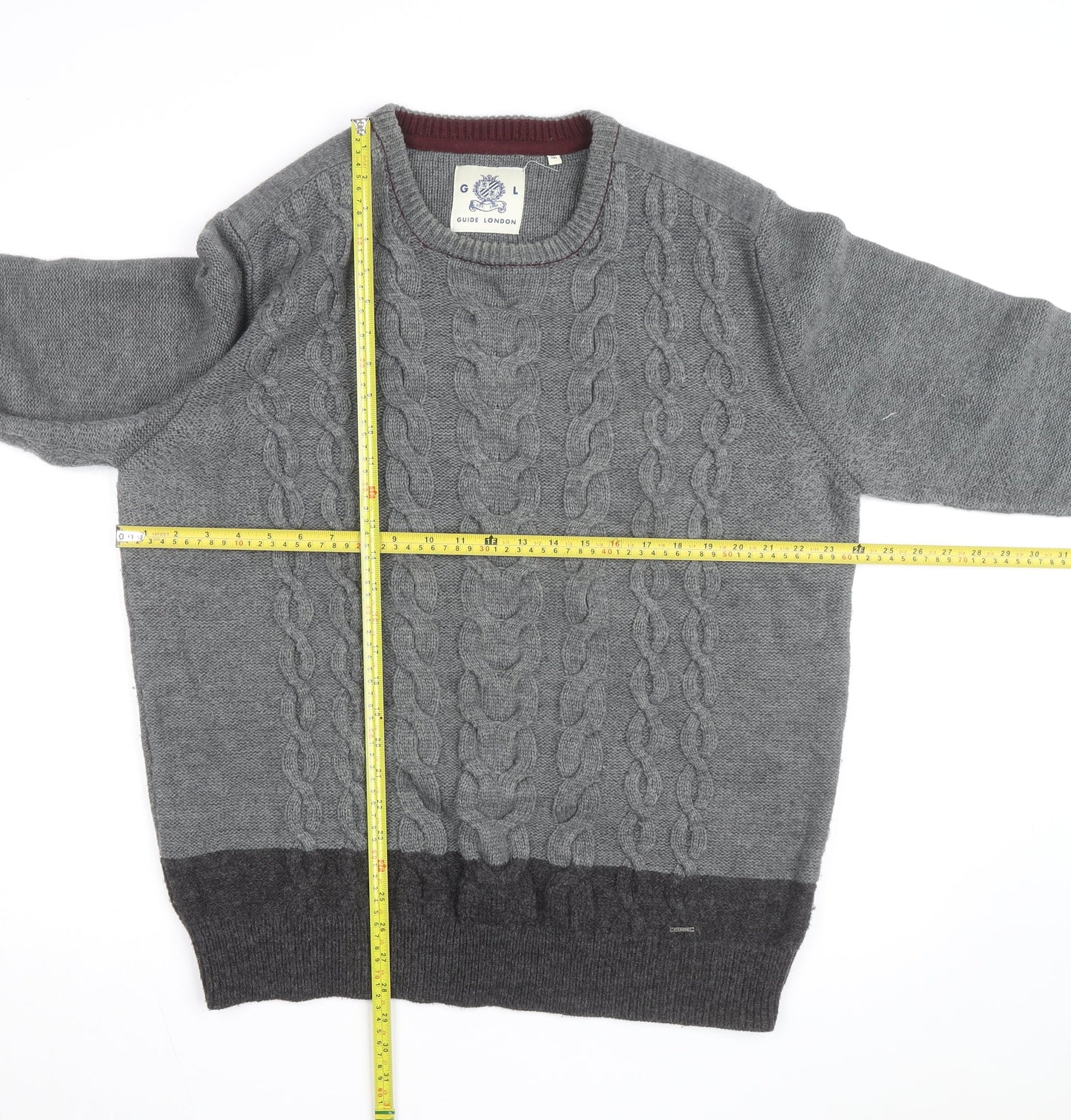 Guide London Men's Grey 3XL Cable-Knit Wool Blend Jumper
