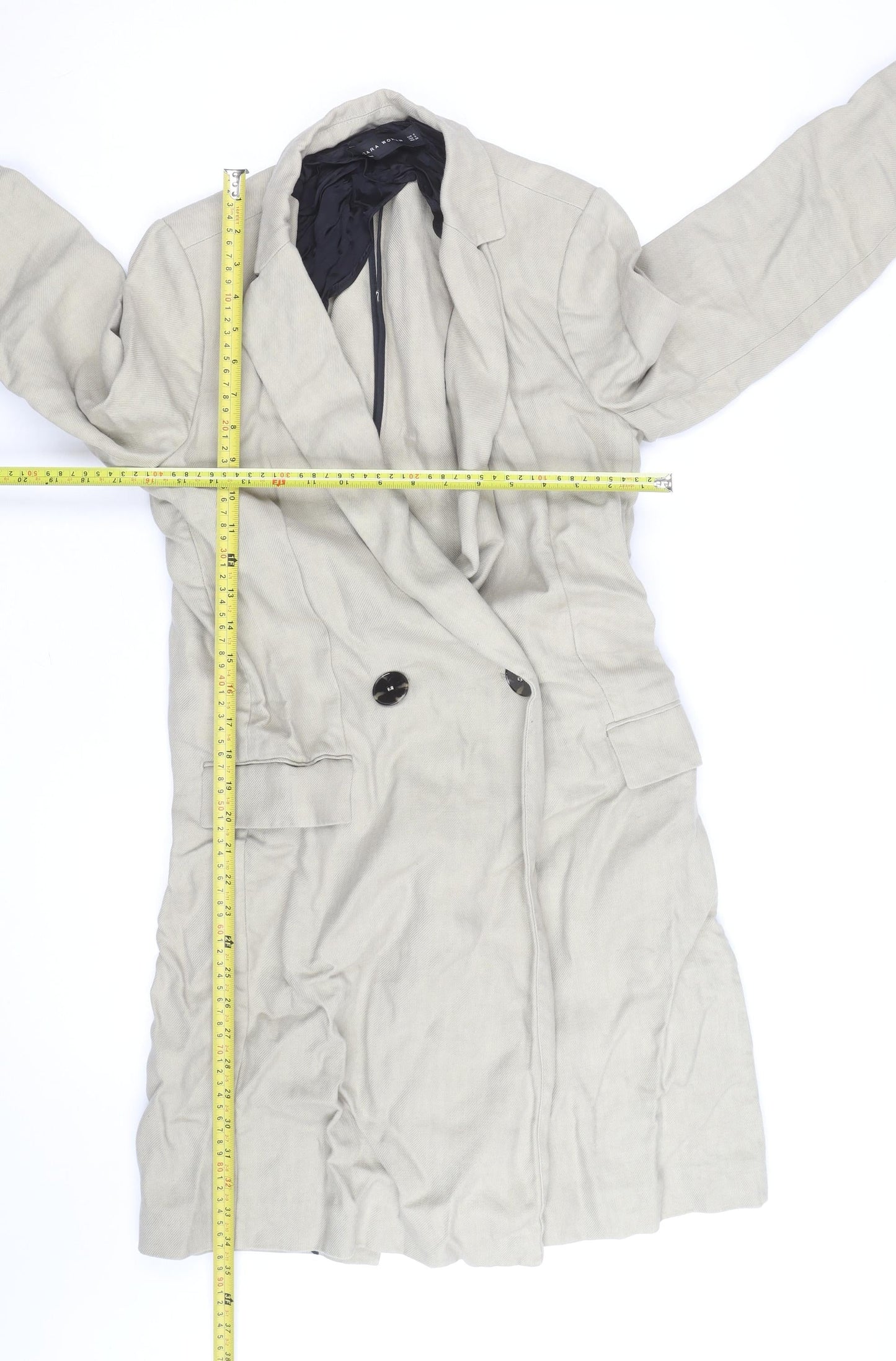 Zara Woman Beige Linen Blend Long Double Breasted Coat Size XS