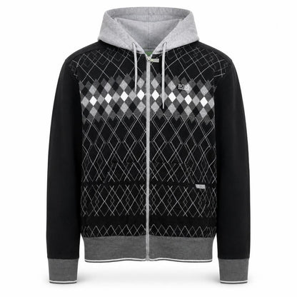 BOSS Mens Black Argyle Full Zip Hoodie XL Classic Knit Sweatshirt