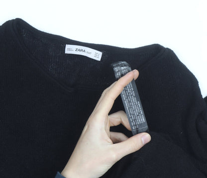 Zara Women Black Knit Jumper Size 10 Bow Sleeve Classic Style