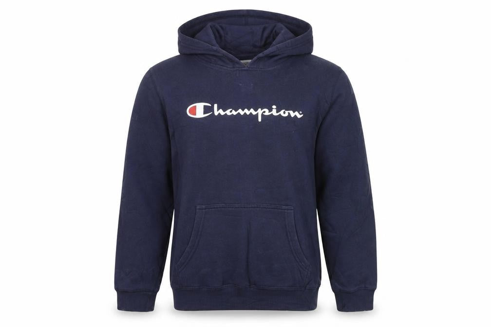Front view of Champion boys’ blue pullover hoodie youth 14 years casual logo fleece