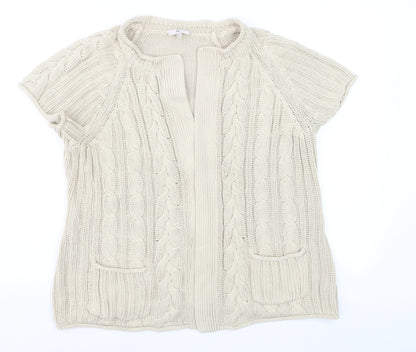 CC Women’s Beige Linen Cotton Short Sleeve Cable Knit Open Cardigan L