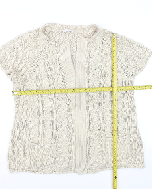CC Women’s Beige Linen Cotton Short Sleeve Cable Knit Open Cardigan L
