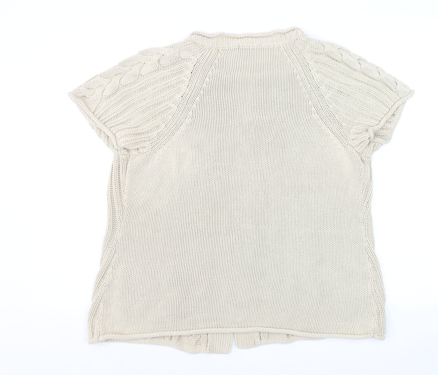 CC Women’s Beige Linen Cotton Short Sleeve Cable Knit Open Cardigan L