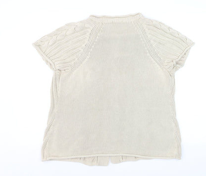 CC Women’s Beige Linen Cotton Short Sleeve Cable Knit Open Cardigan L