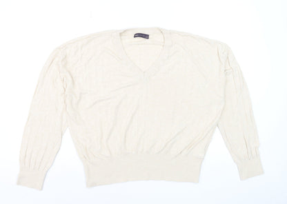 Marks and Spencer Women Beige V-Neck Long Sleeve Jumper L Linen Blend