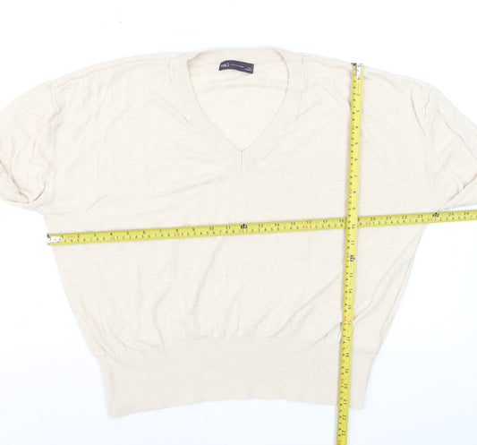 Marks and Spencer Women Beige V-Neck Long Sleeve Jumper L Linen Blend