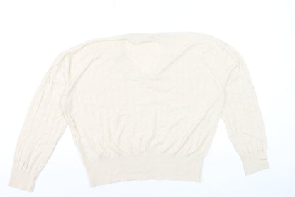 Marks and Spencer Women Beige V-Neck Long Sleeve Jumper L Linen Blend