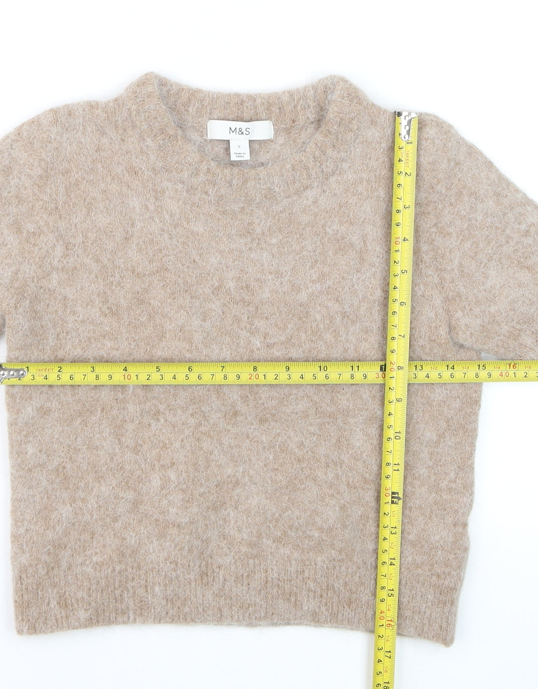 Marks and Spencer Women Beige Short Sleeve Wool Blend Pullover Jumper S