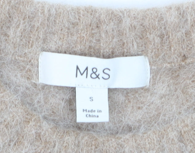 Marks and Spencer Women Beige Short Sleeve Wool Blend Pullover Jumper S