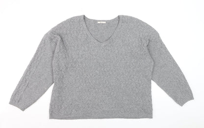 Tu Women Grey Cable-Knit V-Neck Long Sleeve Jumper Size 16