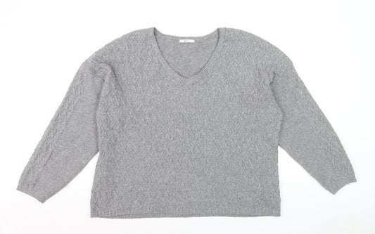 Tu Women Grey Cable-Knit V-Neck Long Sleeve Jumper Size 16