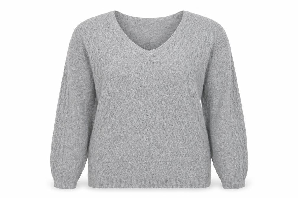 Tu Women Grey Cable-Knit V-Neck Long Sleeve Jumper Size 16
