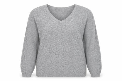 Tu Women Grey Cable-Knit V-Neck Long Sleeve Jumper Size 16