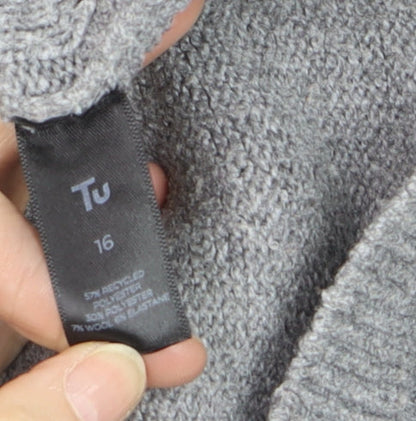 Tu Women Grey Cable-Knit V-Neck Long Sleeve Jumper Size 16