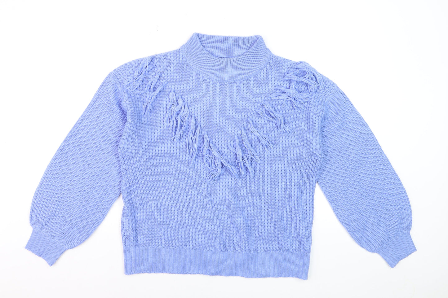 Wednesday's Girl Women's Blue High Neck Fringe Knit Jumper Size M