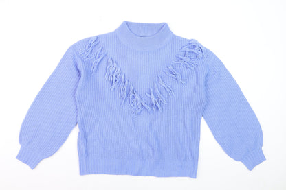 Wednesday's Girl Women's Blue High Neck Fringe Knit Jumper Size M