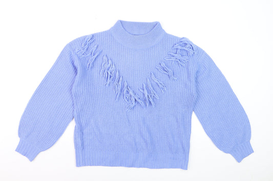 Wednesday's Girl Women's Blue High Neck Fringe Knit Jumper Size M