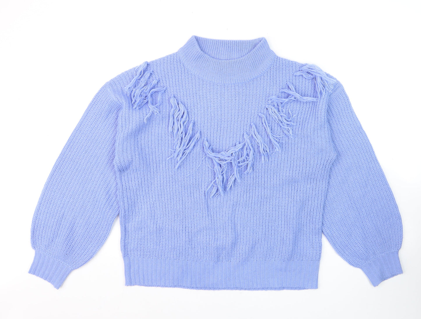 Wednesday's Girl Women's Blue High Neck Fringe Knit Jumper Size M