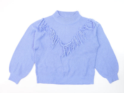 Wednesday's Girl Women's Blue High Neck Fringe Knit Jumper Size M
