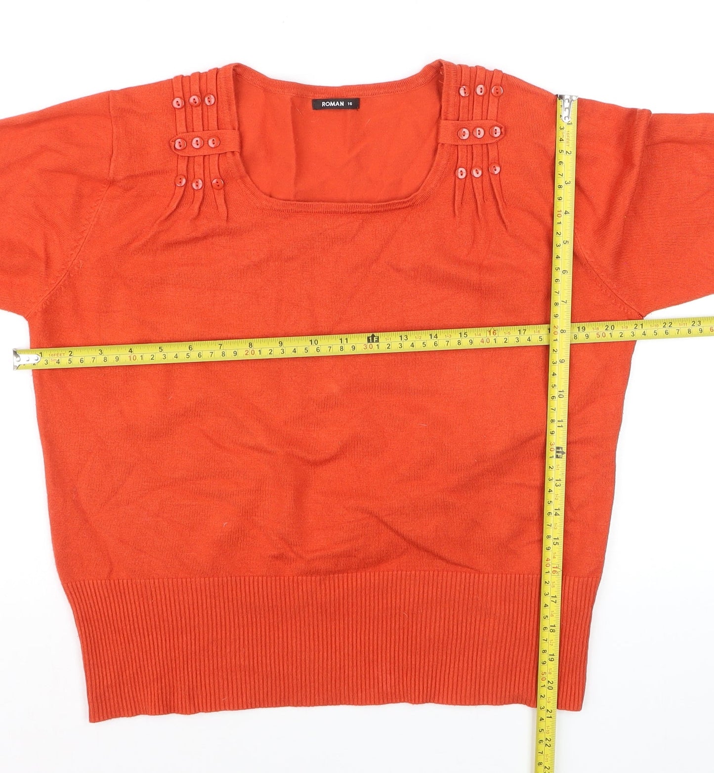 Roman Women Orange 3/4 Sleeve Square Neck Button Jumper Size 16