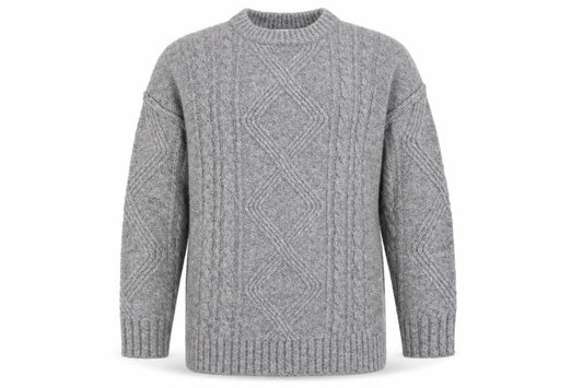 Front view of Topshop Grey Cable-Knit Crew Neck Jumper M unisex long sleeve