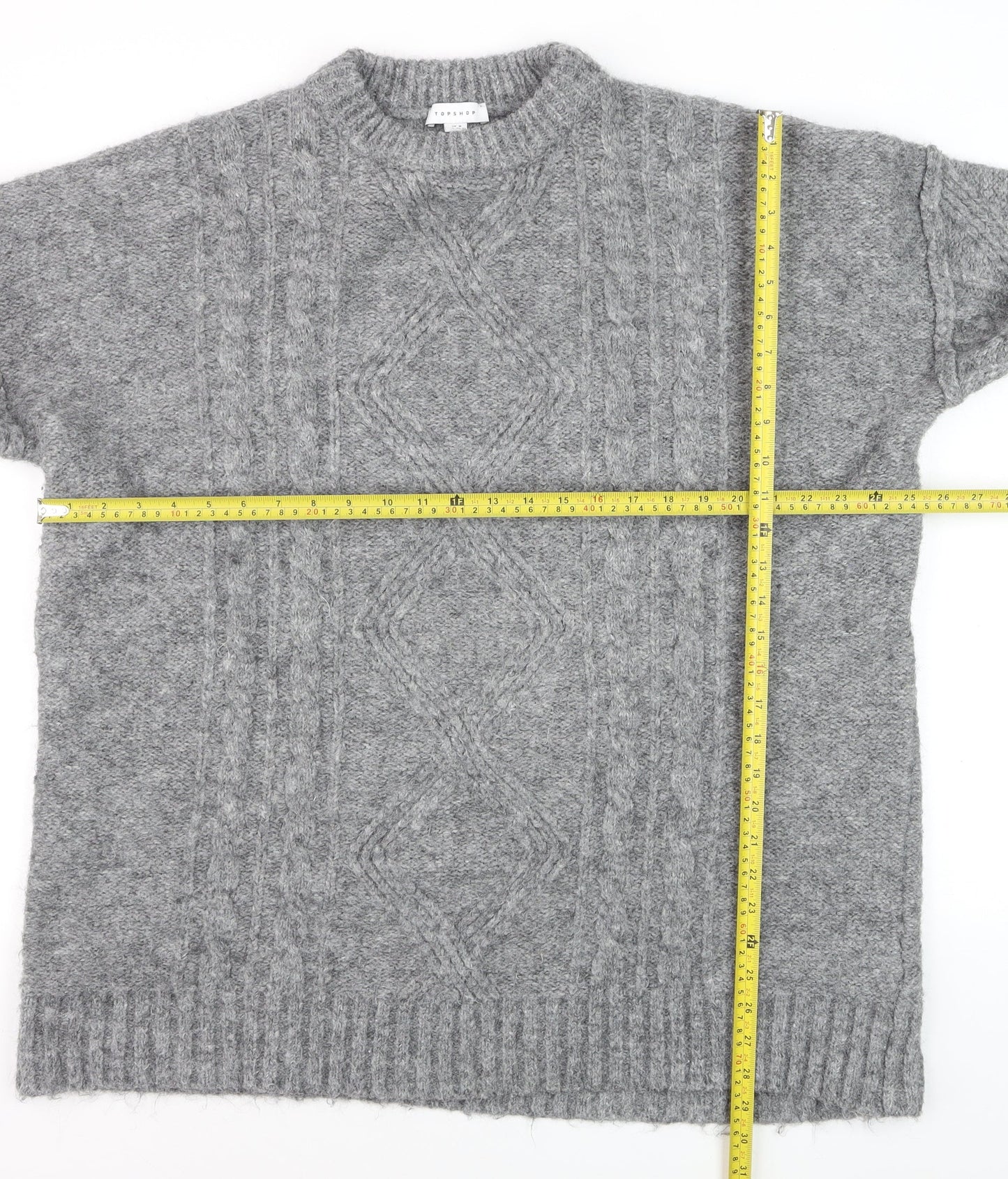 Topshop Grey Cable-Knit Crew Neck Jumper M Unisex Long Sleeve