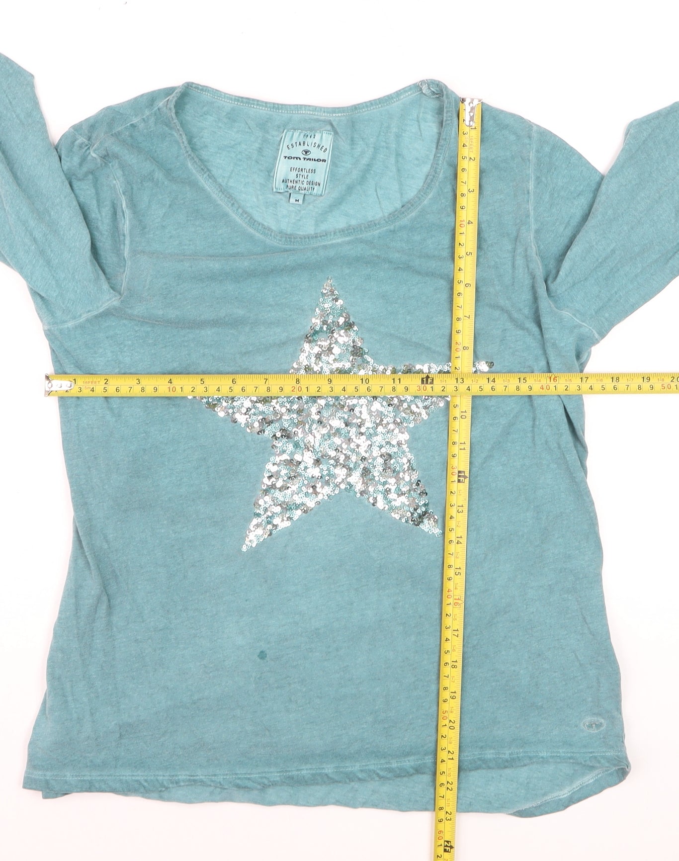 Tom Tailor Women Blue Sequin Star Cotton 3/4 Sleeve T-Shirt Size 12