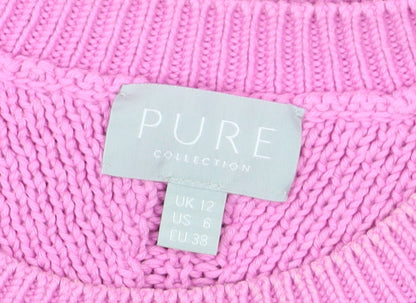 Pure Collection Women’s Pink Cotton Chunky Knit Crew Neck Jumper Size 12