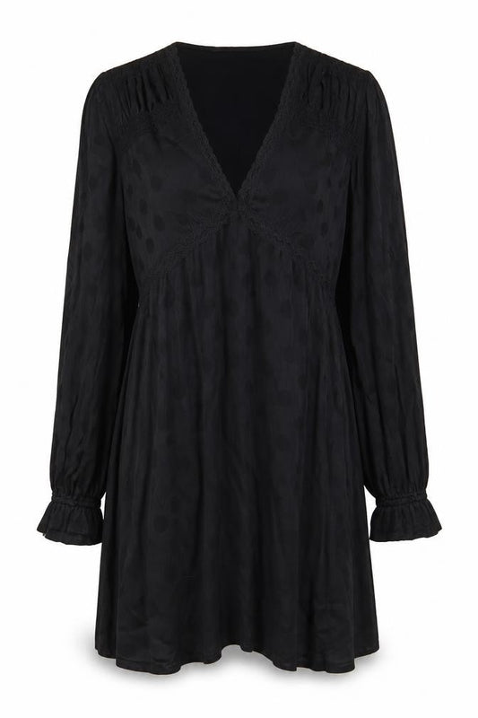 Front view of Nobody's Child Women's Black Polka Dot Wrap Mini Dress, size 10