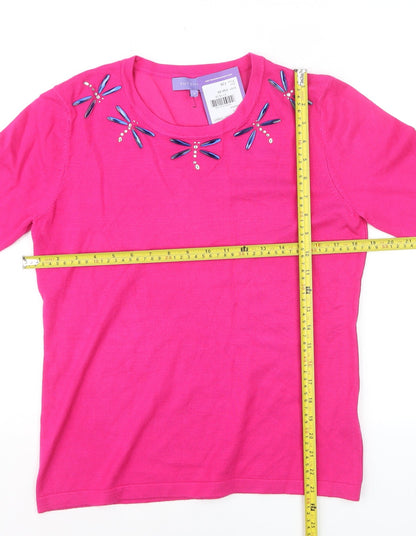 Autonomy Women's Pink Beaded Crew Neck 3/4 Sleeve Jumper Size S