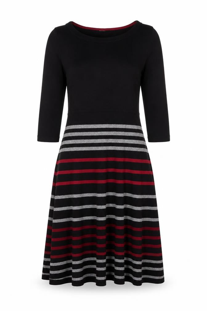 Front view of Kaliko Women Black Striped Fit & Flare Knit Dress, size 12
