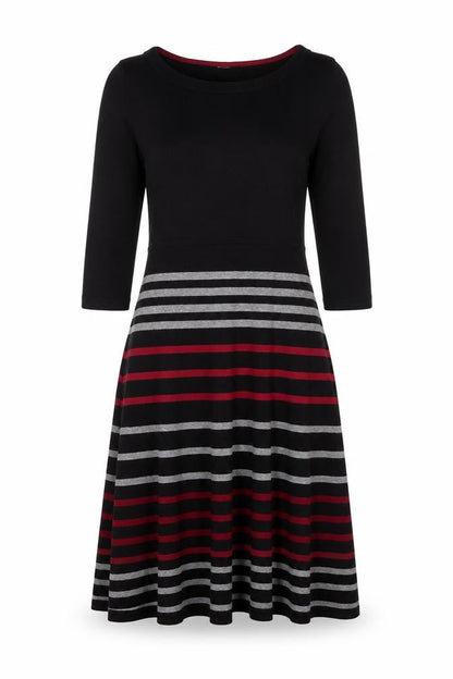 Front view of Kaliko Women Black Striped Fit & Flare Knit Dress, size 12