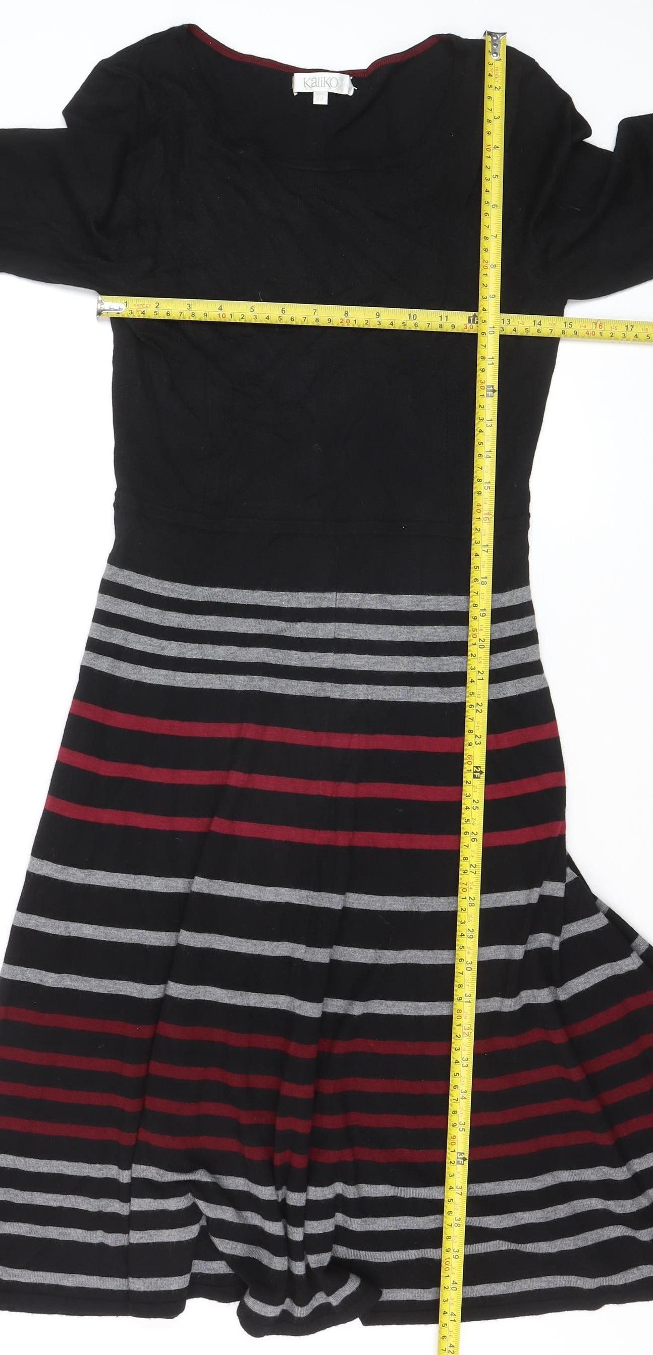 Kaliko Women Black Striped Fit & Flare Knit Dress Size 12