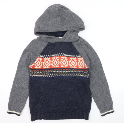 FatFace Boys Grey Navy Fair Isle Knitted Pullover Hoodie Size 12-13 Years