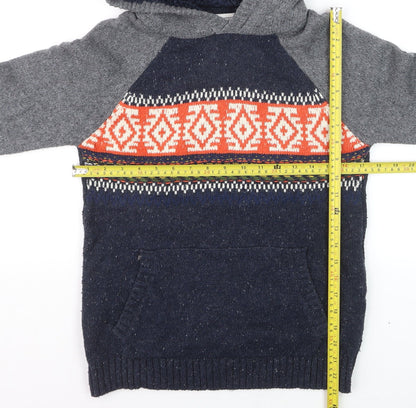 FatFace Boys Grey Navy Fair Isle Knitted Pullover Hoodie Size 12-13 Years