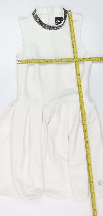 Superdry Women's White Skater Dress S Sleeveless Beaded Neckline