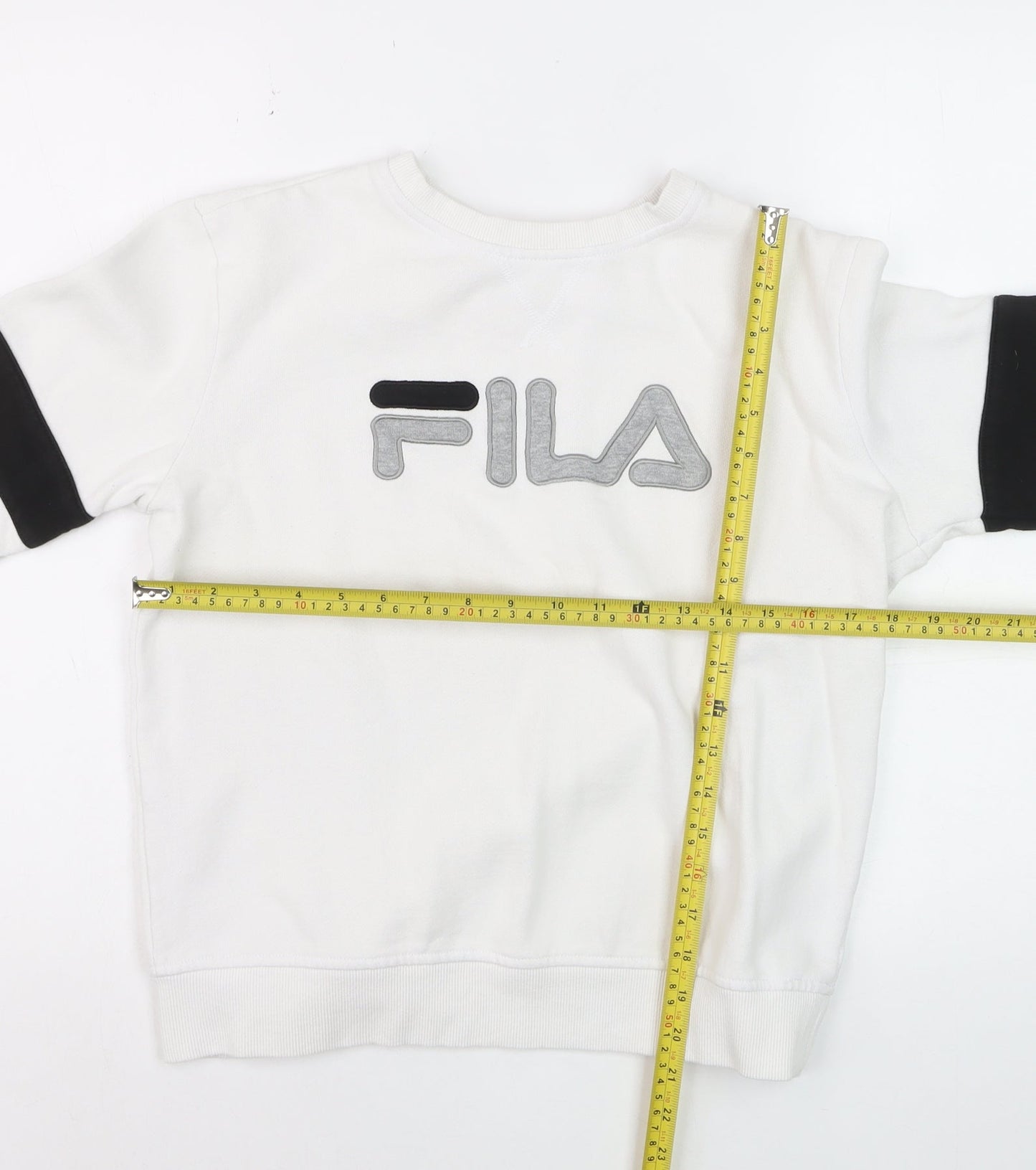 FILA Boys White Small Pullover Sweatshirt with Logo and Colourblock Sleeves