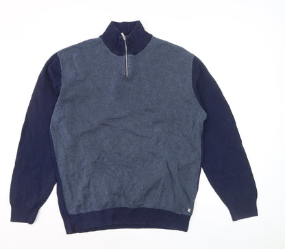 Next Mens Blue XL 1/2 Zip Cotton High Neck Jumper