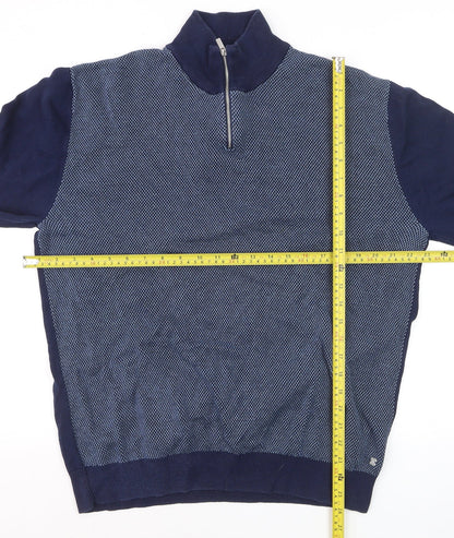 Next Mens Blue XL 1/2 Zip Cotton High Neck Jumper