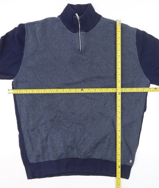 Next Mens Blue XL 1/2 Zip Cotton High Neck Jumper