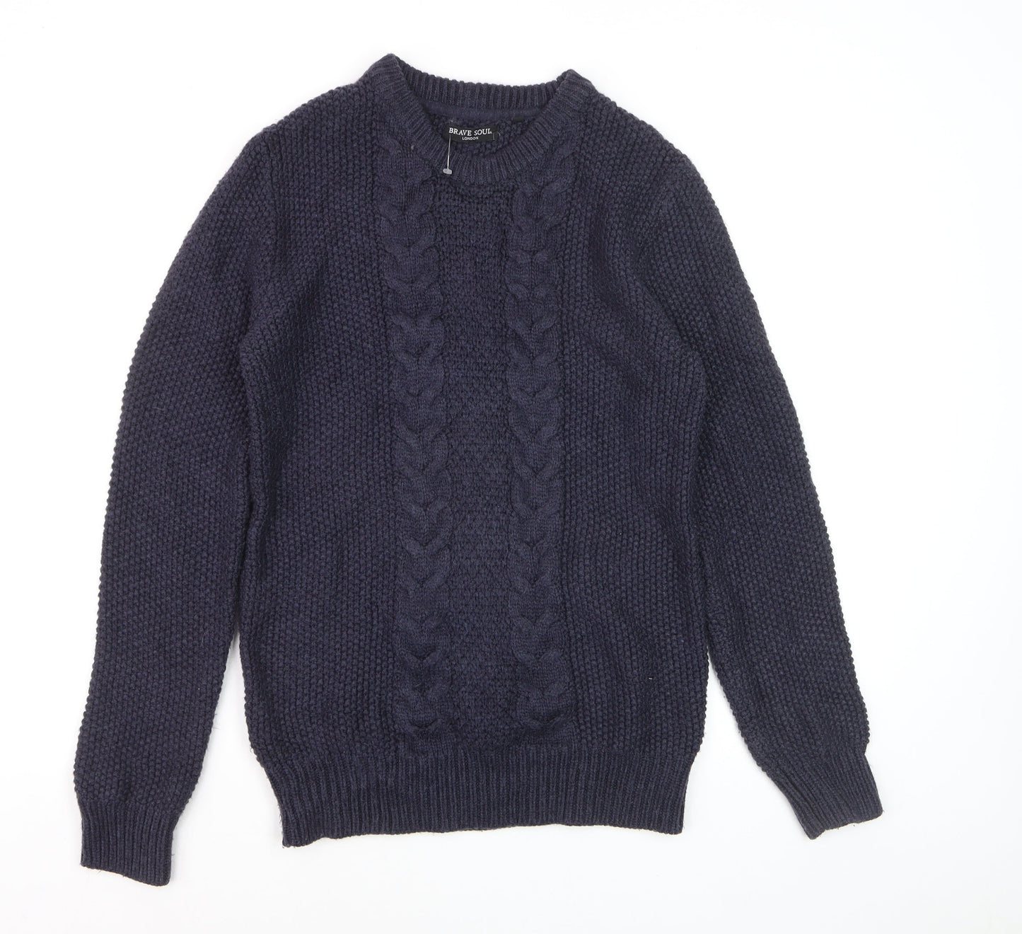 Brave Soul Men’s Blue Cable-Knit Crew Neck Jumper Size L
